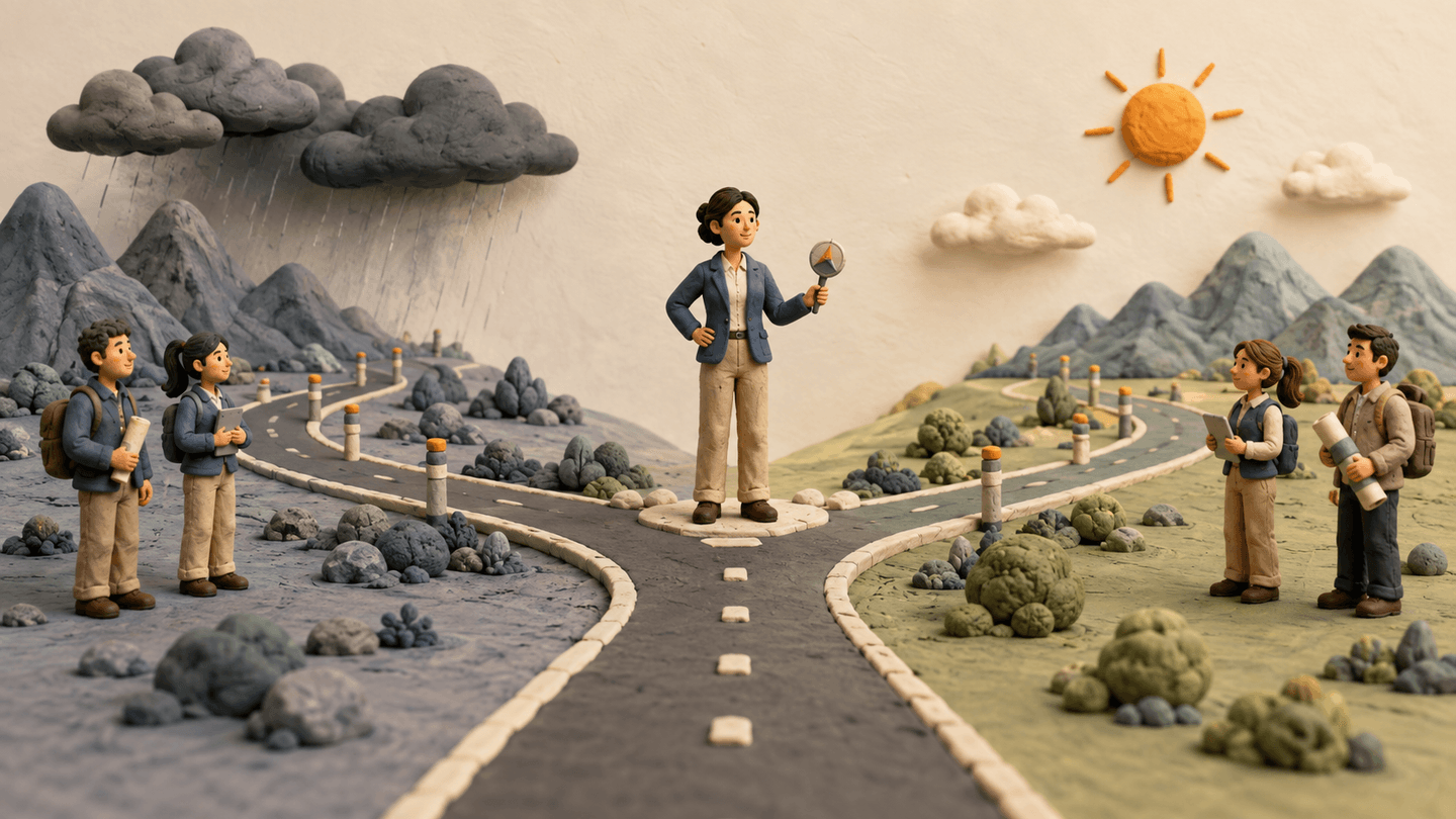 Clay-diorama road splitting into two prepared routes at a decision point under changing weather