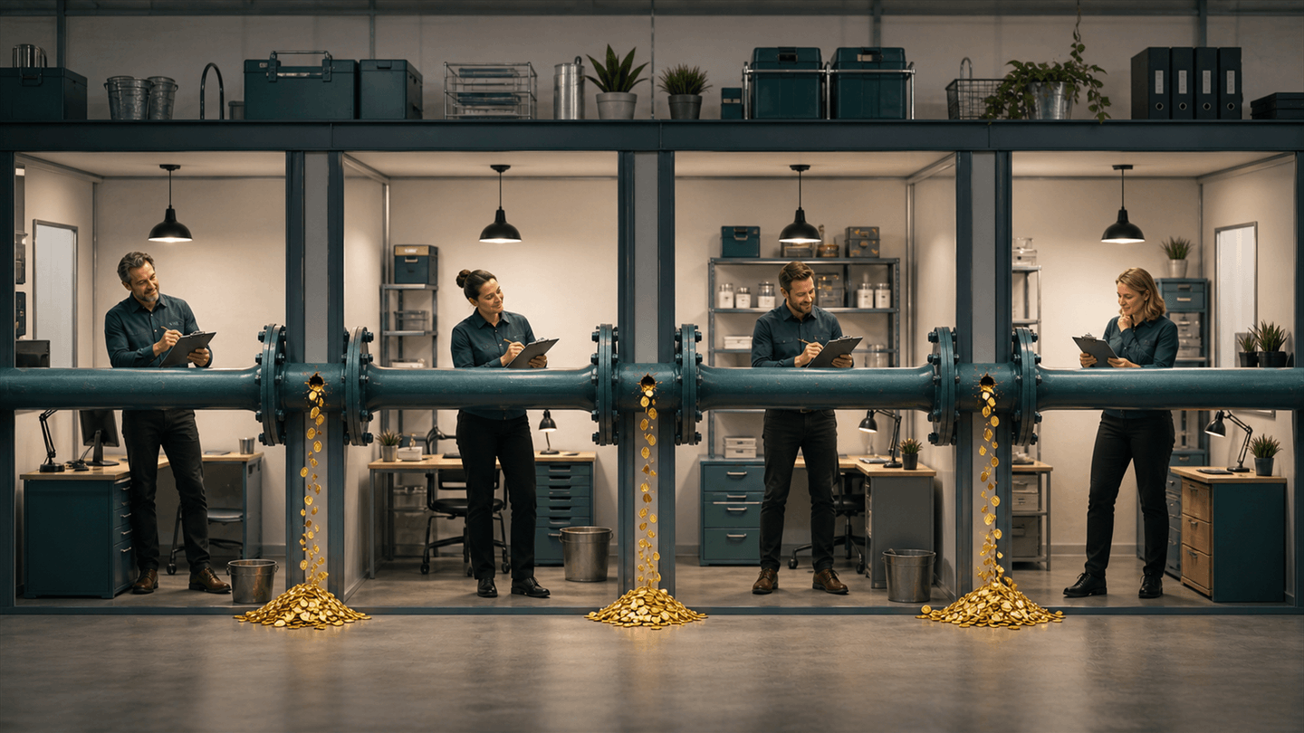 Clay-diorama departments holding separate pieces of one business problem