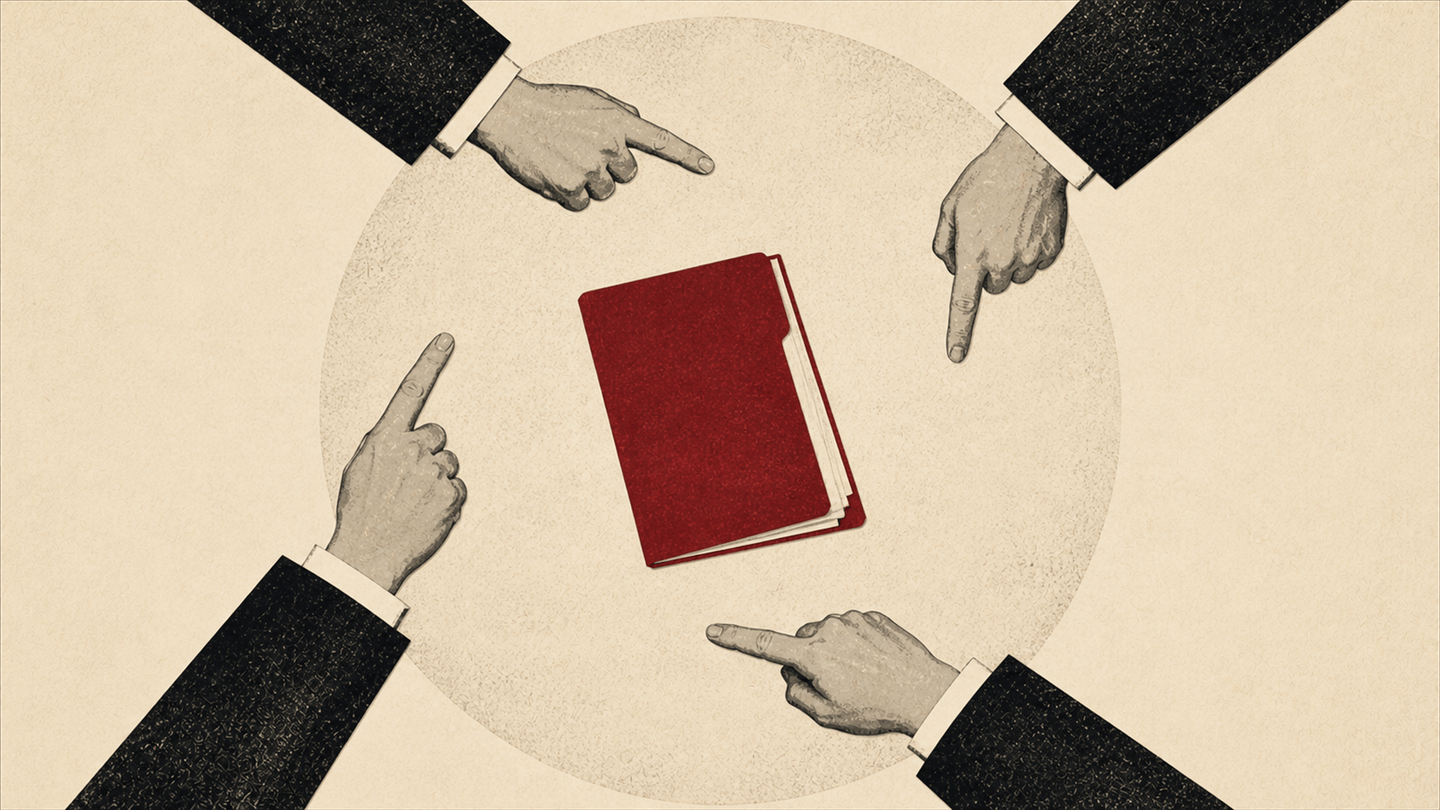 Editorial cut-paper figures pointing around a circle of unclaimed responsibility